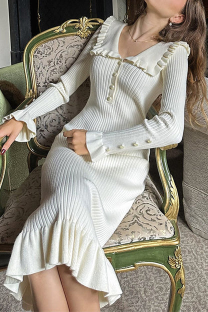 Daily Ruffle Turndown Collar One Step Skirt Dresses