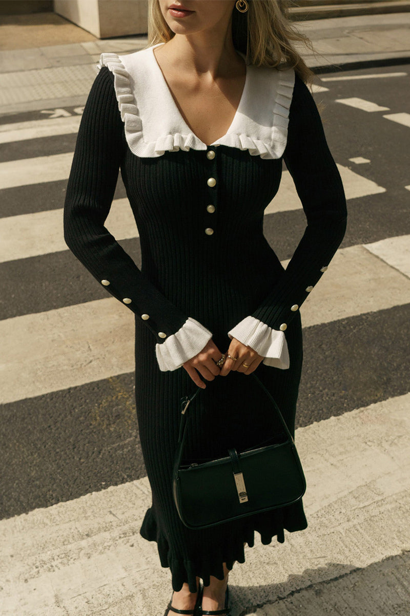 Daily Ruffle Turndown Collar One Step Skirt Dresses