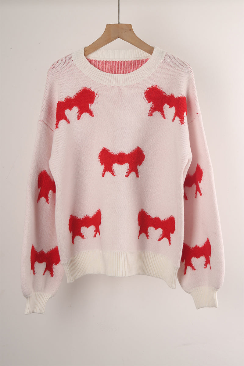 Street Bow Weave Contrast O Neck Sweaters(4 Colors)