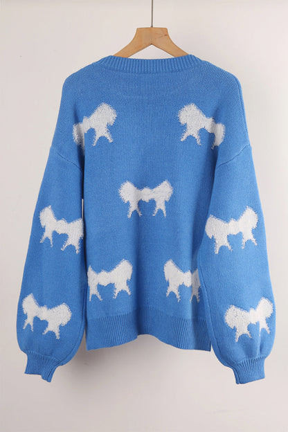 Street Bow Weave Contrast O Neck Sweaters(4 Colors)