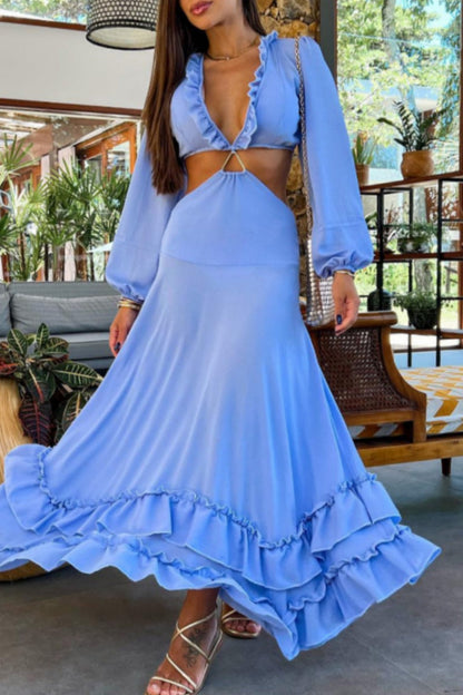 Vacation Hollow Out Deep V Neck Long Dresses