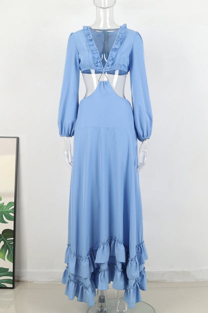 Vacation Hollow Out Deep V Neck Long Dresses