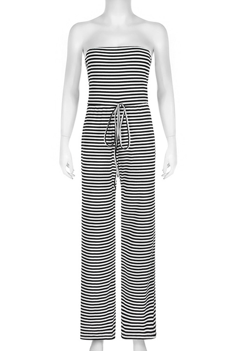Stripe Patchwork Backless Strap Design Strapless Loose Jumpsuits