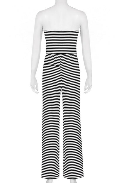 Stripe Patchwork Backless Strap Design Strapless Loose Jumpsuits