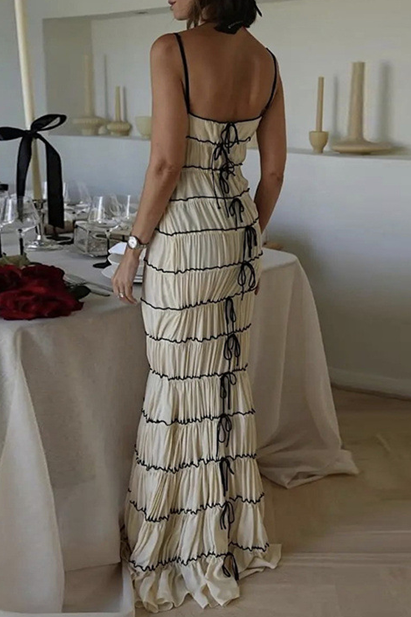 Lace Up Contrast V Neck Long Dresses