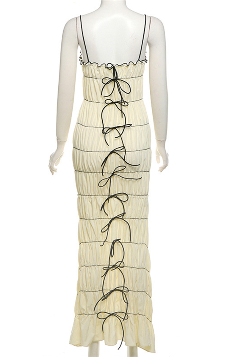 Lace Up Contrast V Neck Long Dresses