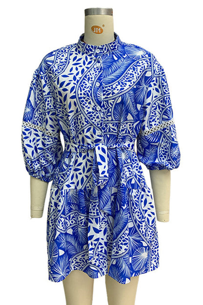 Vacation Print Lace Up Mandarin Collar Waist Skirt Dresses
