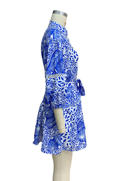 Vacation Print Lace Up Mandarin Collar Waist Skirt Dresses