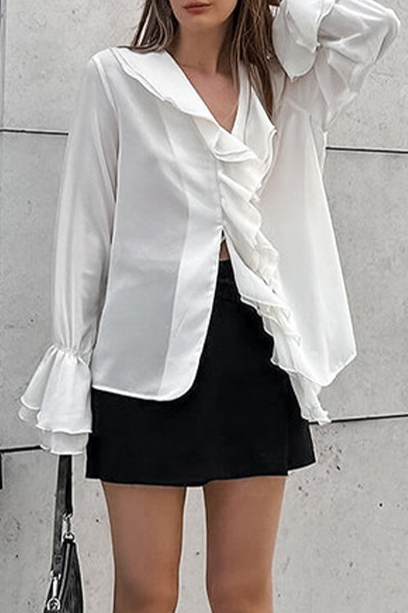 Color Ruffle V Neck Blouses