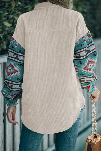 Geometric Print Pocket Patchwork Contrast Turndown Collar Blouses