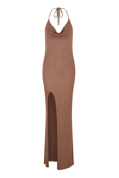 Backless Slit Belted Halter Long Dresses