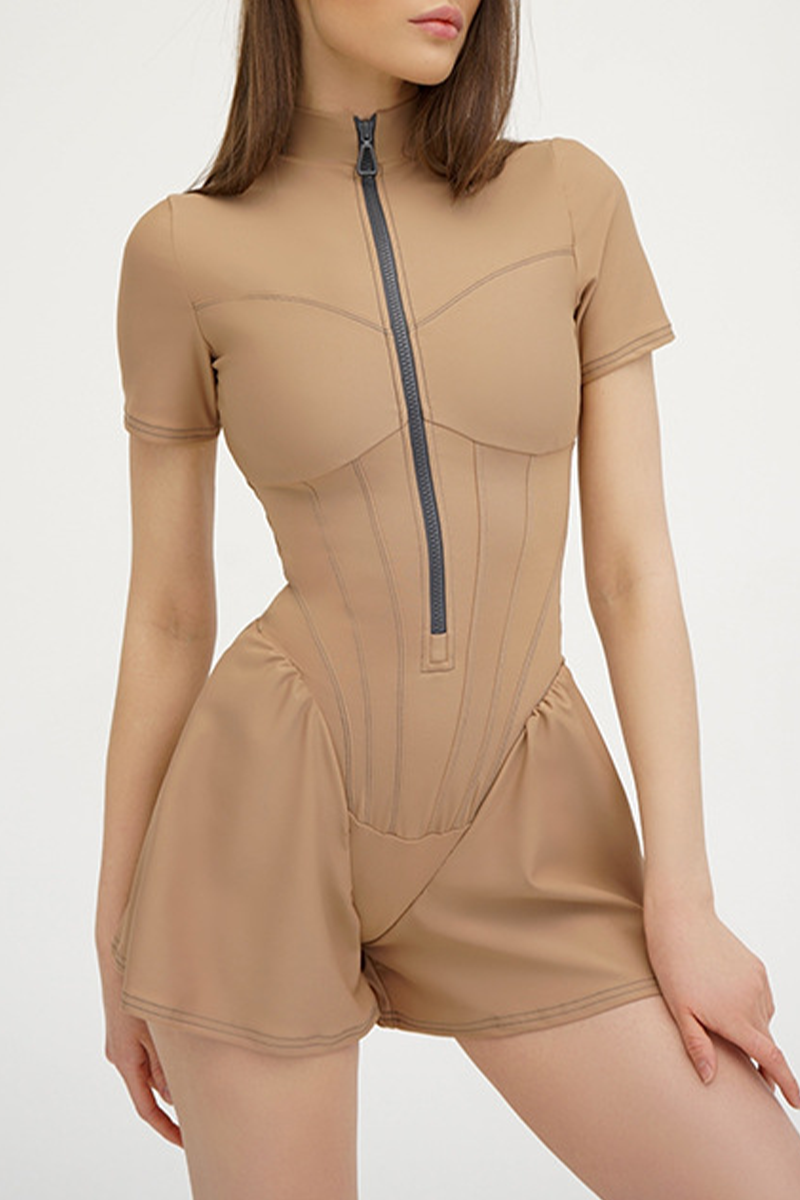 Zipper Mandarin Collar Regular Rompers(3 Colors)