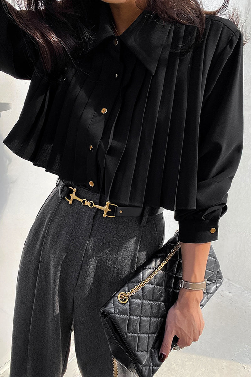 Buttons Pleated Turndown Collar Blouses