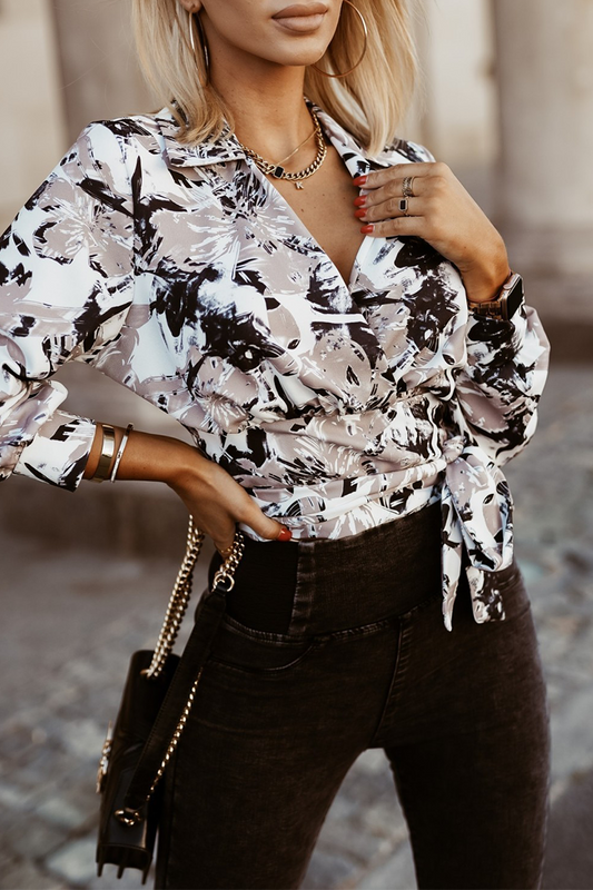 Geometric Print Lace Up Turndown Collar Blouses