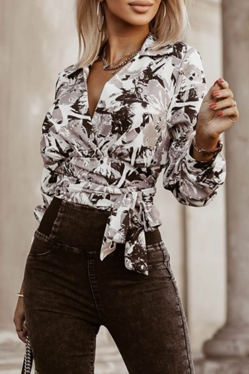 Geometric Print Lace Up Turndown Collar Blouses