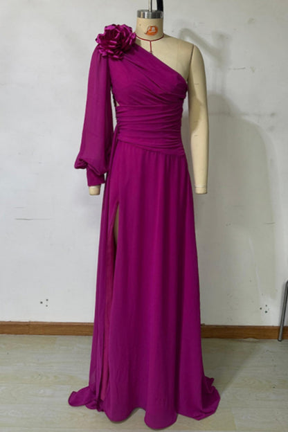 Formal Flowers Hollow Out Backless Slit Oblique Collar Long Dresses