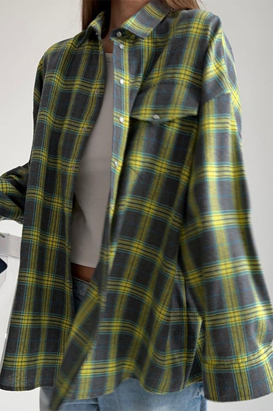 Street Plaid Pocket Buttons Contrast Turndown Collar Blouses(3 Colors)