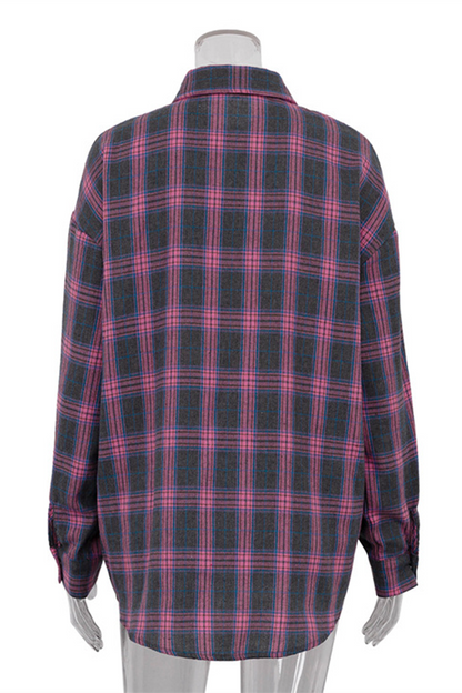 Street Plaid Pocket Buttons Contrast Turndown Collar Blouses(3 Colors)