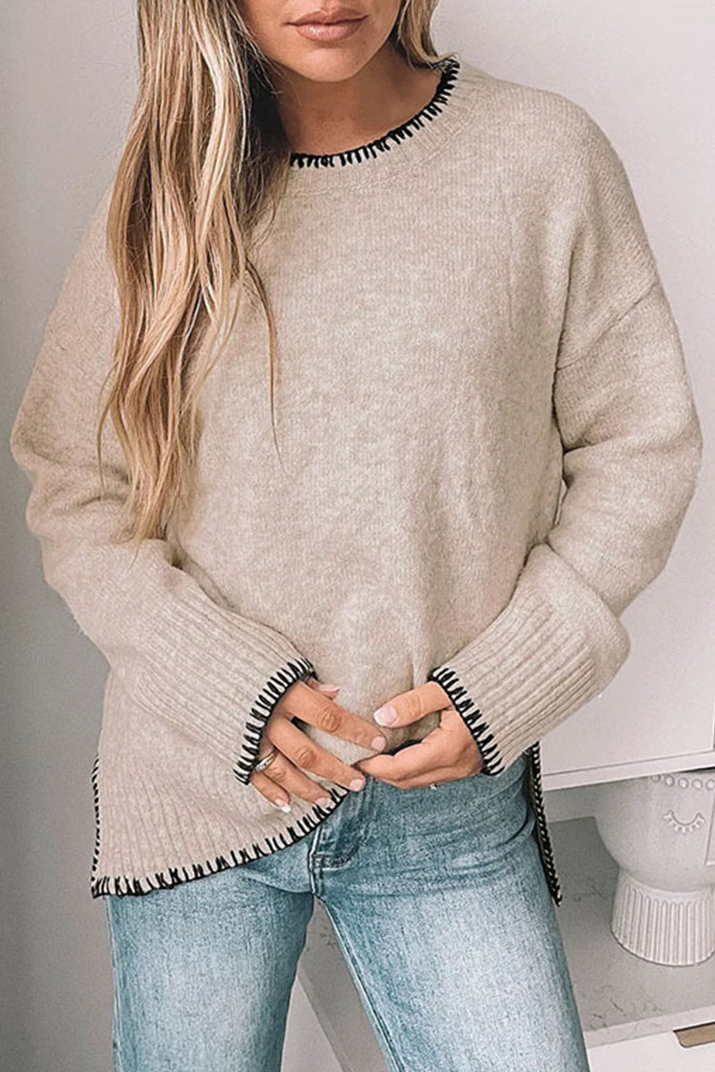Daily Patchwork Contrast O Neck Sweaters(3 Colors)