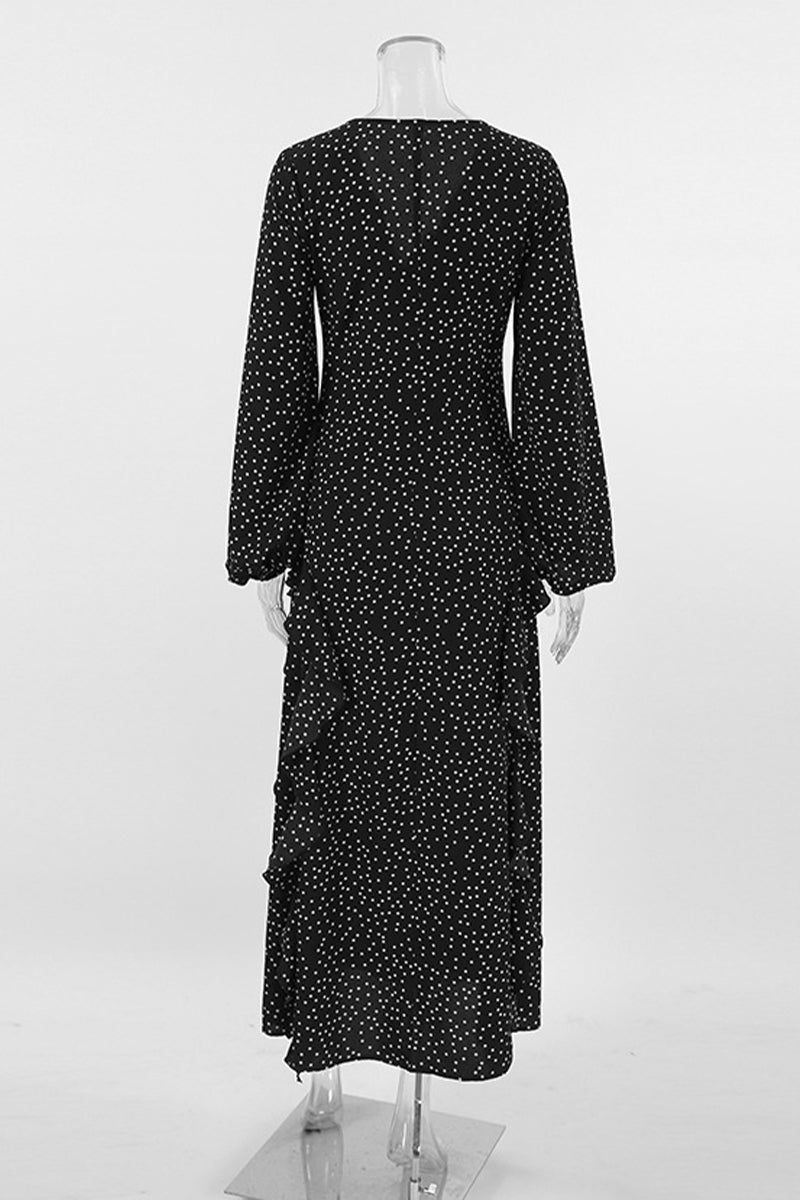 Street Polka Dot Patchwork Ruffle V Neck One Step Skirt Dresses