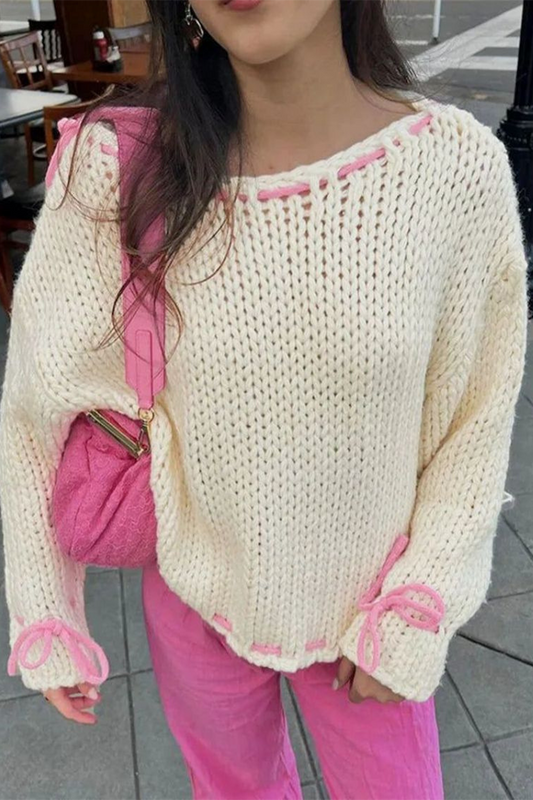 Draw String Weave O Neck Sweaters