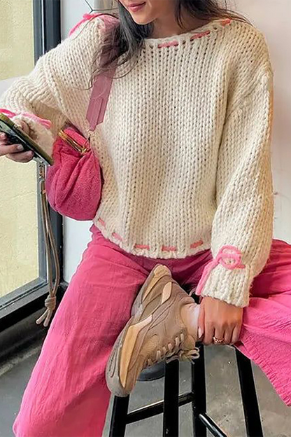 Draw String Weave O Neck Sweaters