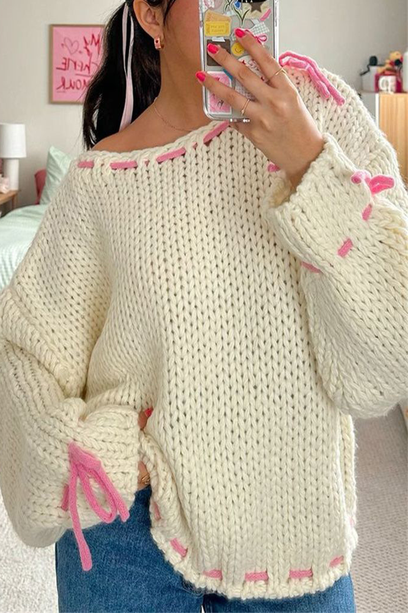 Draw String Weave O Neck Sweaters