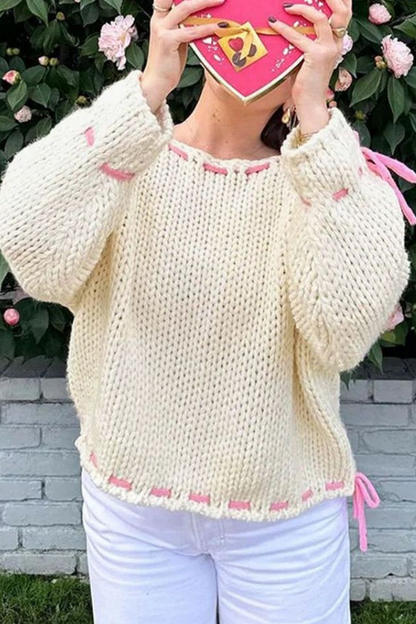 Draw String Weave O Neck Sweaters