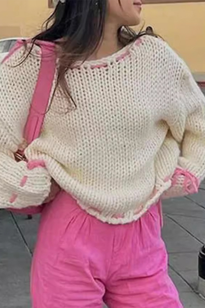 Draw String Weave O Neck Sweaters