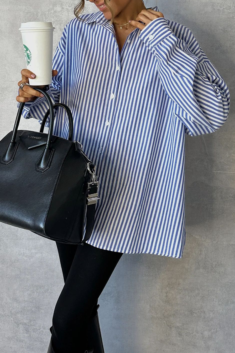 Stripe Buttons Turndown Collar Blouses