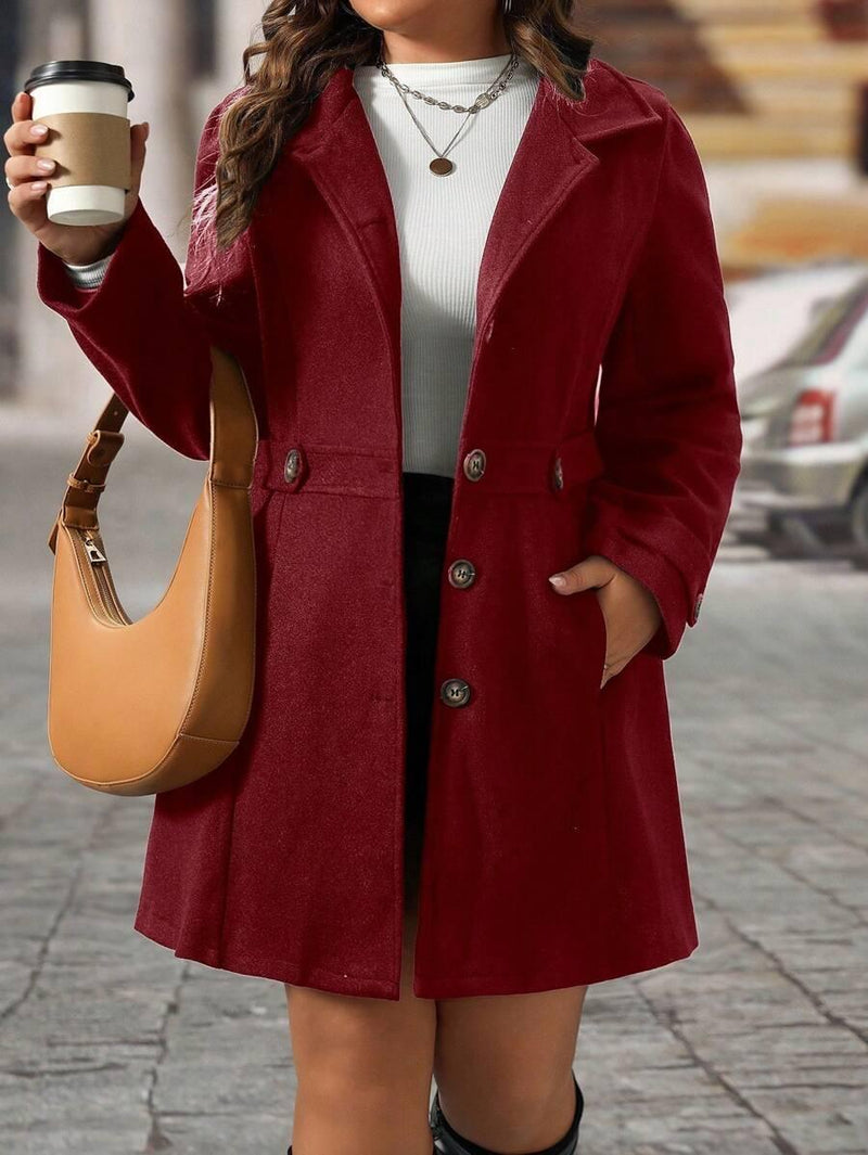 Knit Coat Black Lapel Button Decor Waisted Midi