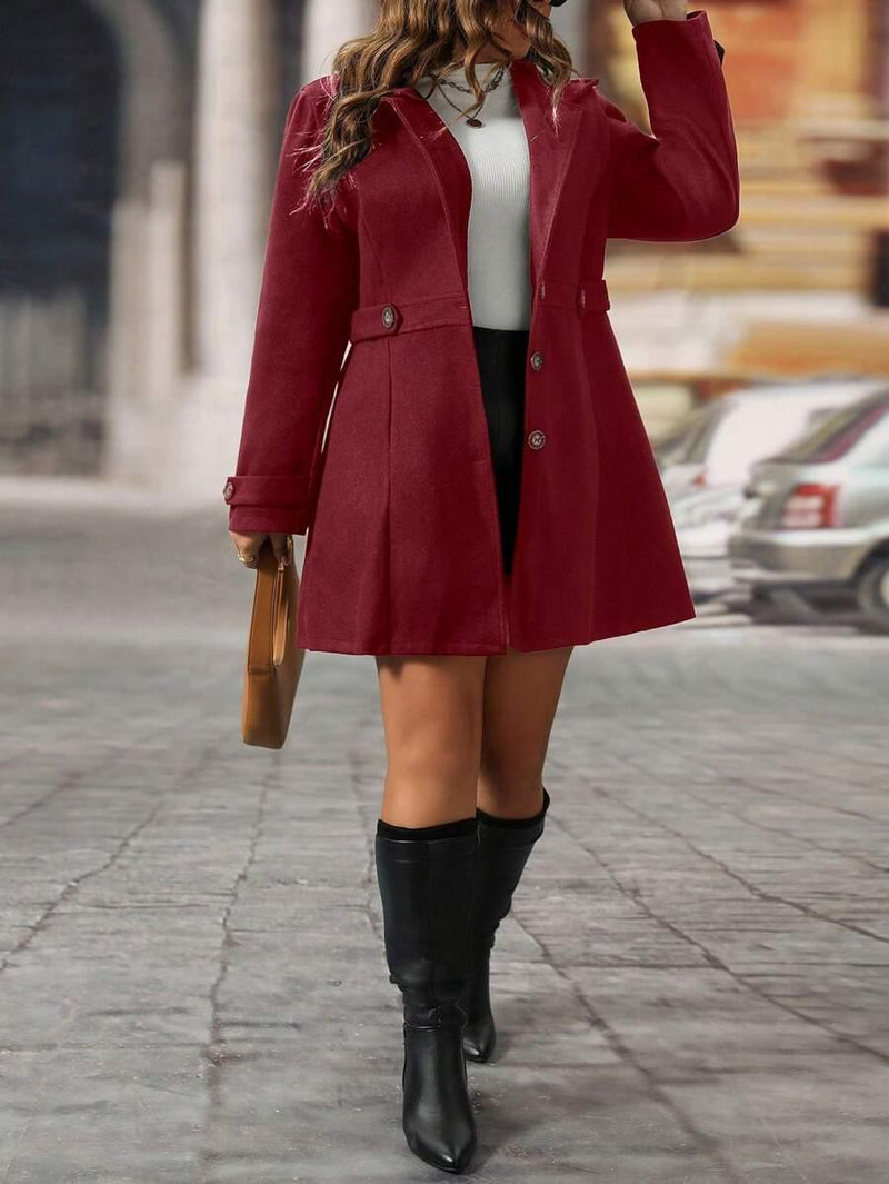 Knit Coat Black Lapel Button Decor Waisted Midi