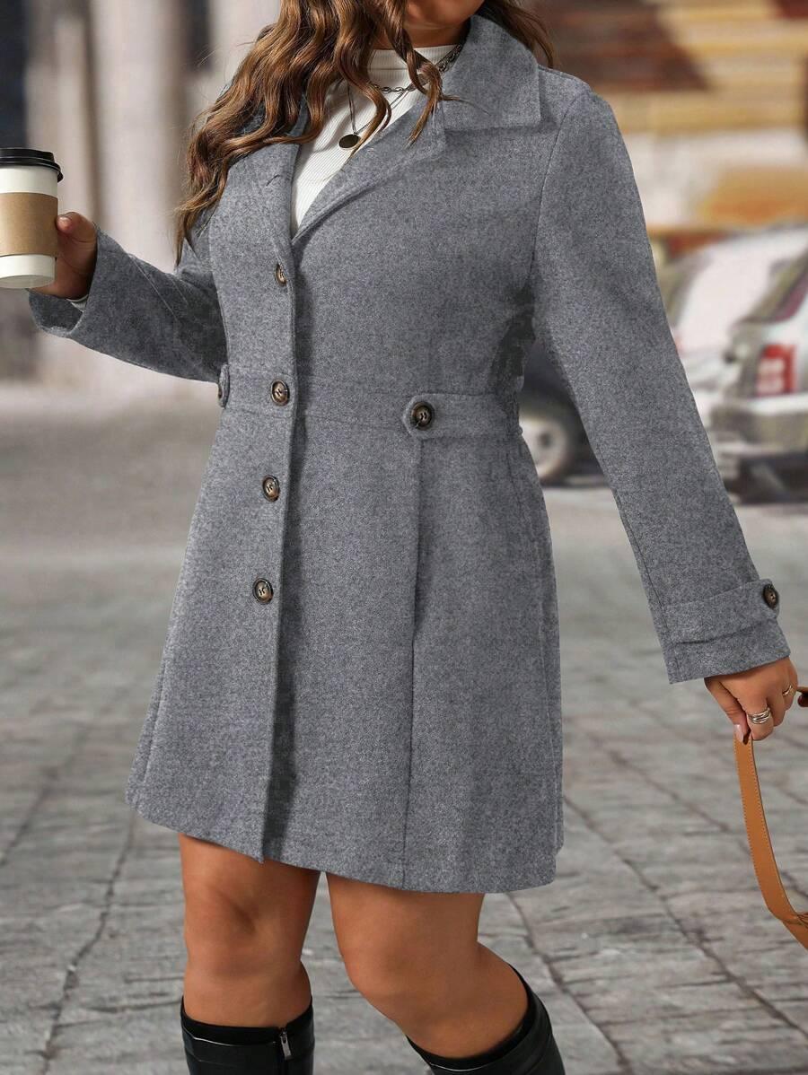 Knit Coat Black Lapel Button Decor Waisted Midi