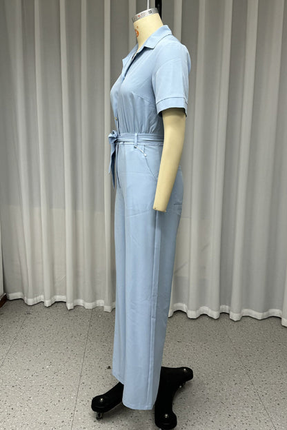 Daily Pocket Lace Up Buttons Turndown Collar Loose Jumpsuits