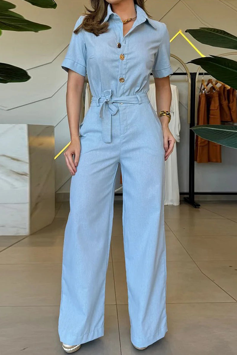 Daily Pocket Lace Up Buttons Turndown Collar Loose Jumpsuits