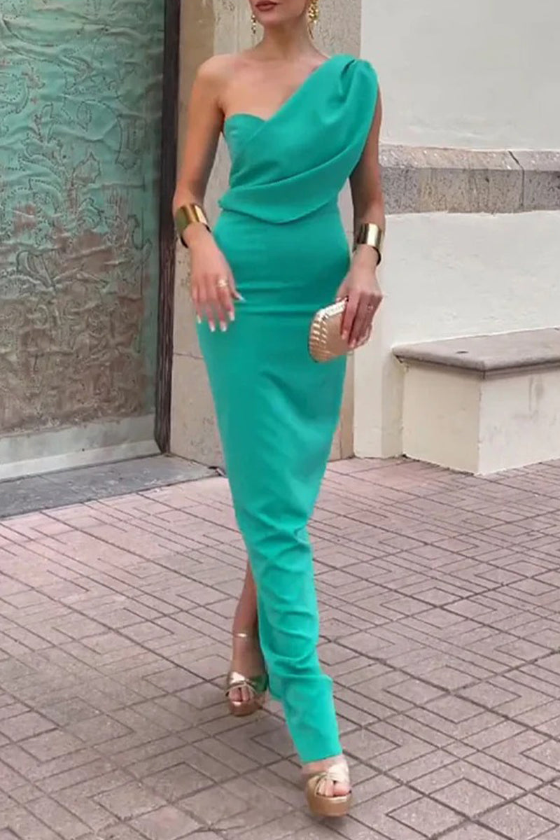 Slit Ruched Irregular Sloping Shoulder One Step Skirt Dresses
