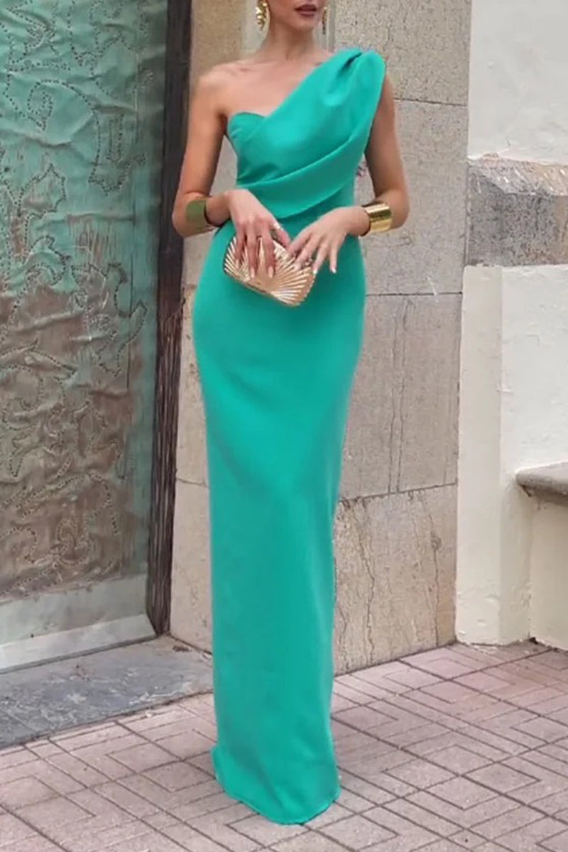 Slit Ruched Irregular Sloping Shoulder One Step Skirt Dresses