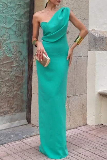 Slit Ruched Irregular Sloping Shoulder One Step Skirt Dresses