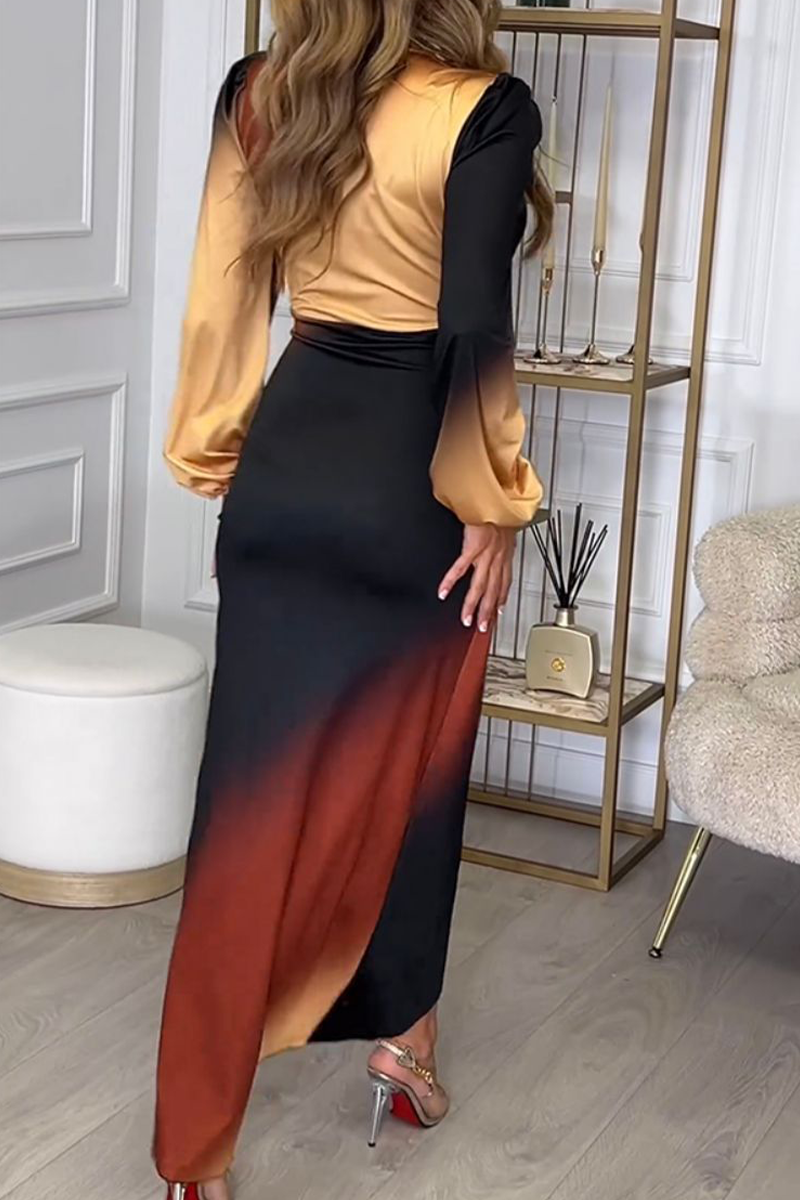Gradient Color Irregular Contrast V Neck One Step Skirt Dresses