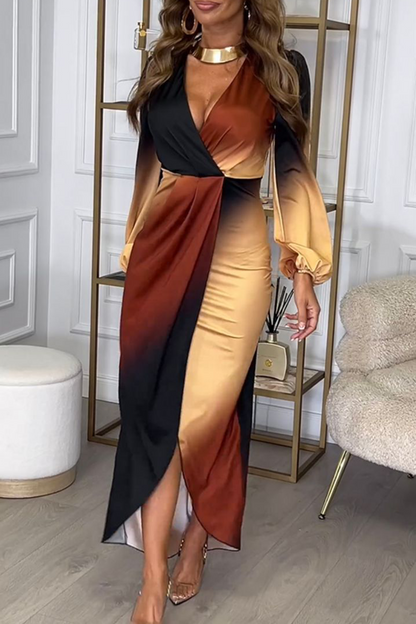 Gradient Color Irregular Contrast V Neck One Step Skirt Dresses