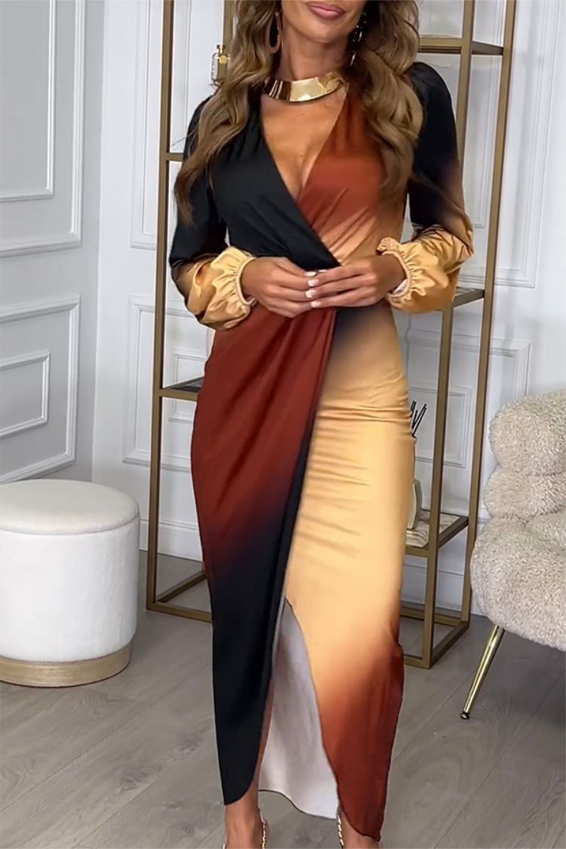 Gradient Color Irregular Contrast V Neck One Step Skirt Dresses