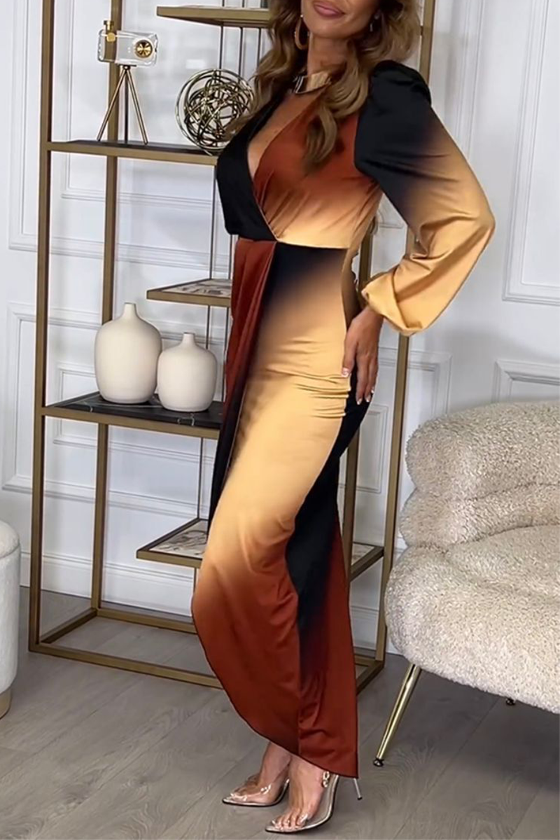 Gradient Color Irregular Contrast V Neck One Step Skirt Dresses
