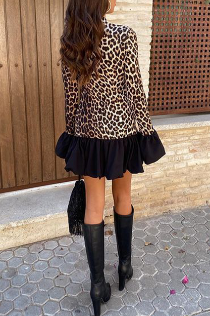 Street Leopard Patchwork Ruffle Half a Turtleneck Mini Dresses