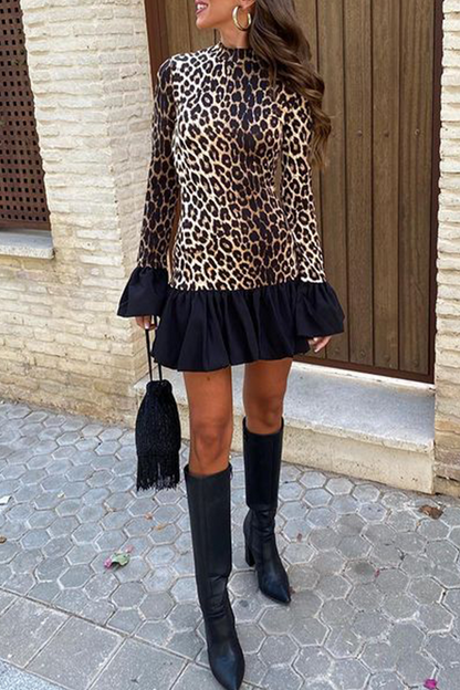 Street Leopard Patchwork Ruffle Half a Turtleneck Mini Dresses