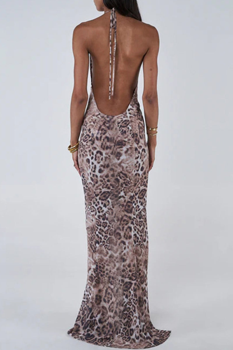 Leopard Print Patchwork Backless Strap Design Halter Long Dresses