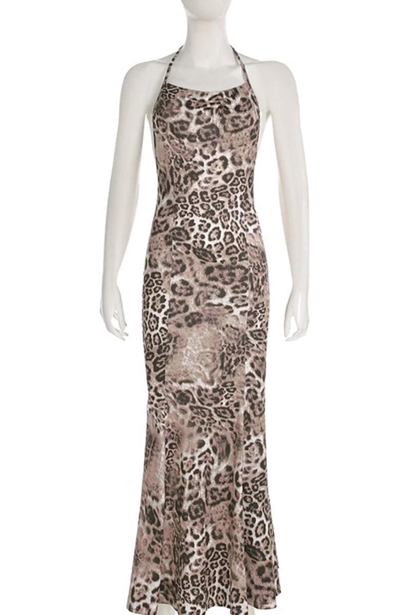 Leopard Print Patchwork Backless Strap Design Halter Long Dresses