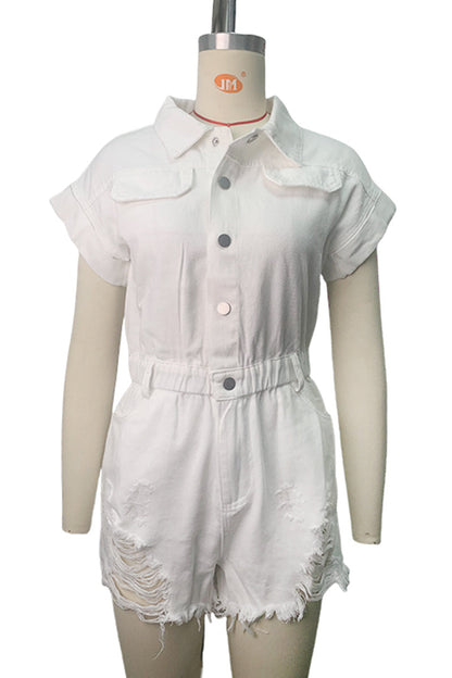 Ripped Patchwork Turndown Collar Short Sleeve High Waist Regular Denim Romper(4 Colors)