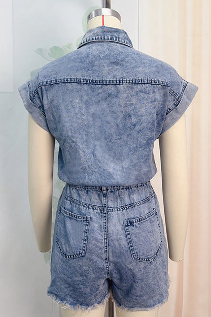 Ripped Patchwork Turndown Collar Short Sleeve High Waist Regular Denim Romper(4 Colors)