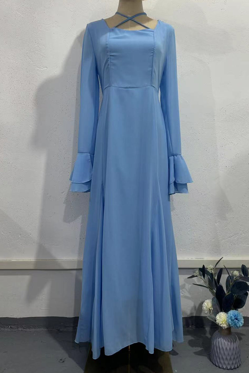 Party Ruffle Cross Straps Ruched Mesh Square Neck Long Dresses