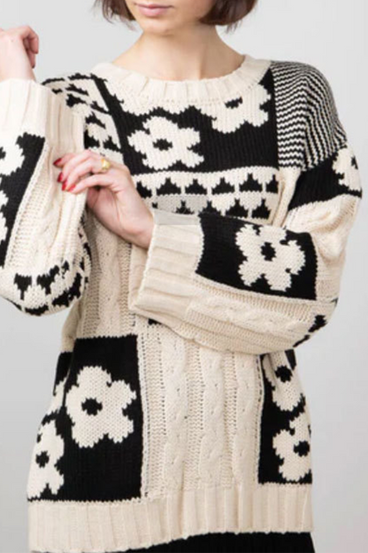 Colorblock Flowers Weave Contrast O Neck Sweaters